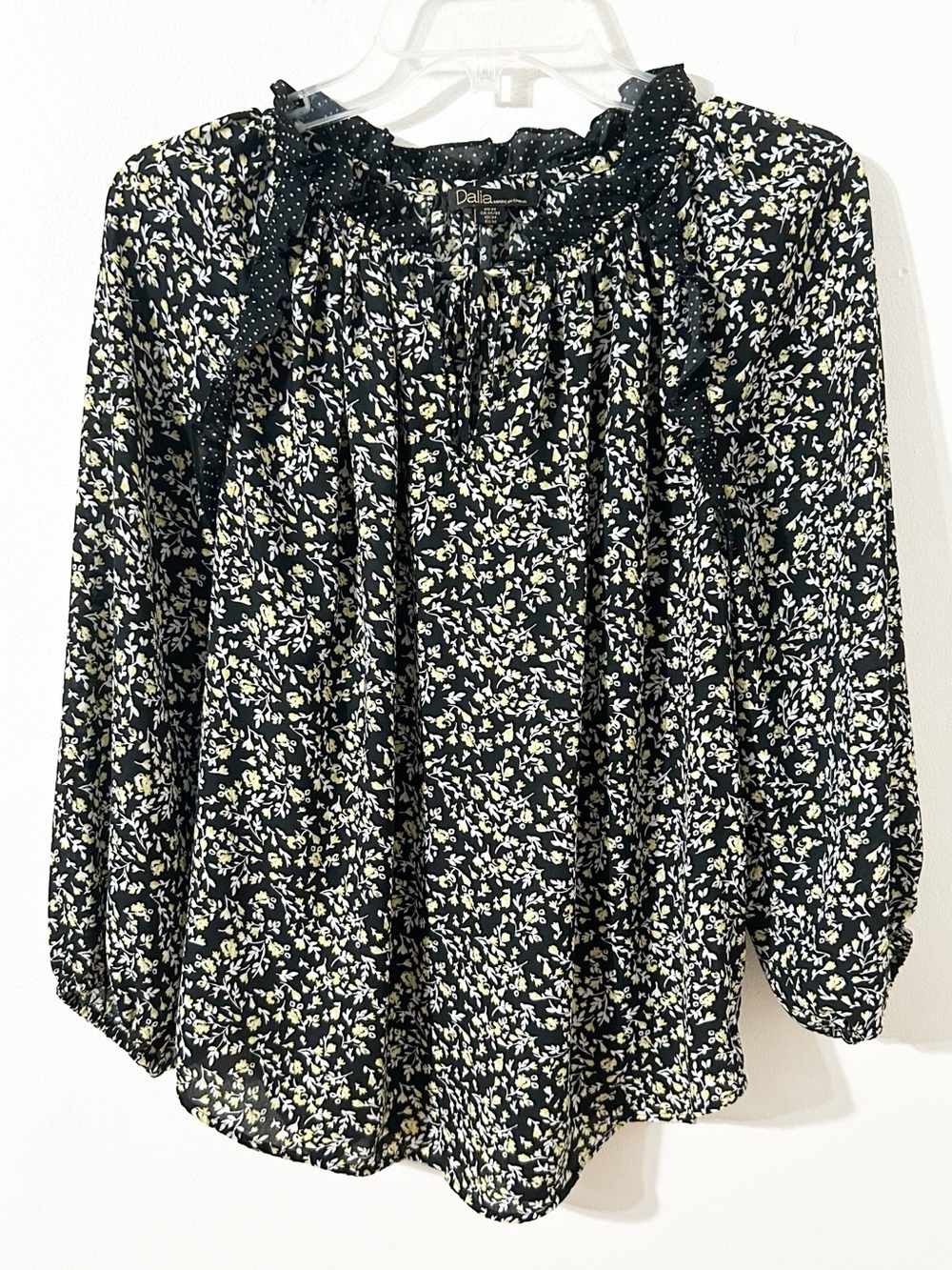 Dahlia Floral Polka Dot Ruffle Neck Long Sleeve Blouse Black Yellow Size Medium